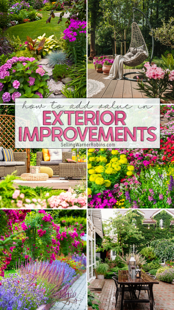 We form our first impression of a home within seconds, so if your goal is to sell, you'll want to do your best to make that first impression matter. Here's 12 ways you can make a statement with your outdoor improvements while simultaneously adding value. #realestate #curbappeal How to Add Value in Exterior Improvements